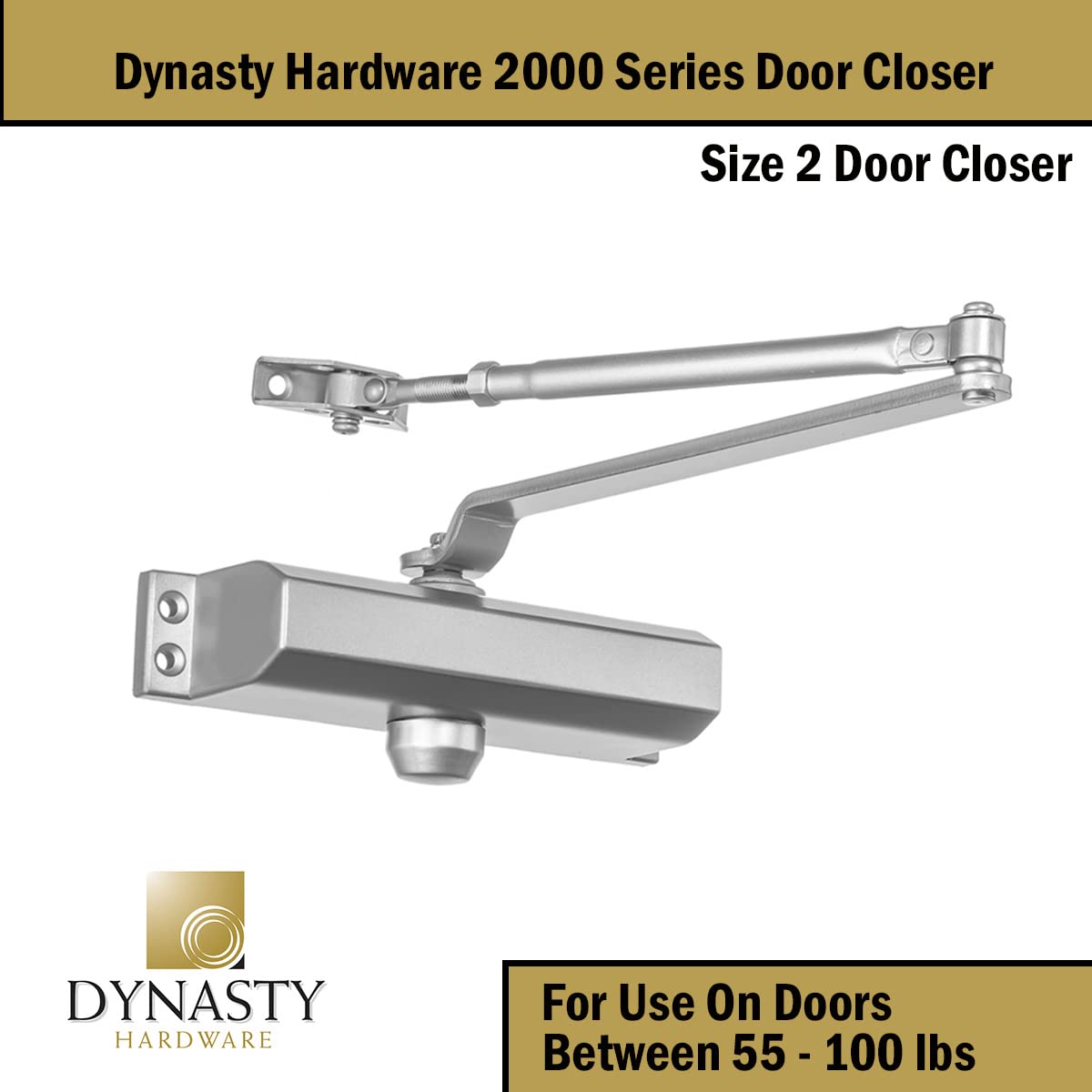 Dynasty Hardware Door Closer, Commercial Hydraulic Closer, Self-Closing, Spring Size 2, Surface Mount, Sprayed Aluminum, Series 2000