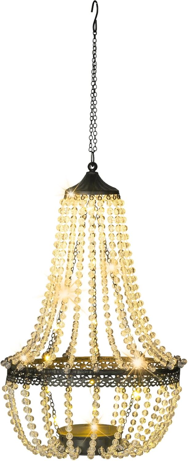 Skiennix Hanging Solar Lantern - 28” Modern Clear Crystal Acrylic Chandelier with 30 Warm White Lights for Garden & Patio Decor