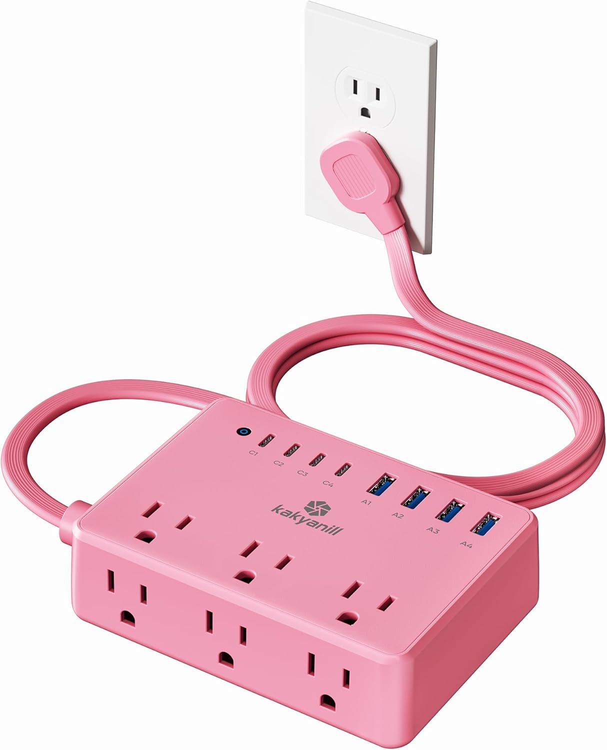 kakyanill 6 8 Ports(4 2000J 5ft Pink Power Strip, AC Outlets USB USB C) with Surge Protector, Flat Plug Pink Extension