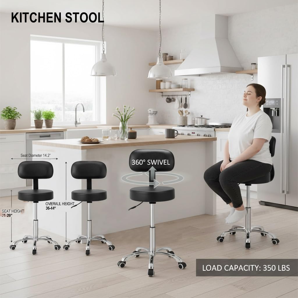Kaleurrier Rolling Stools with Back Rest, Swivel Adjustable Heavy Duty Stool Chair for Hair Beauty Salon Kitchen Bar Counter Medical Barber Garage Shop Office Use - with Wheels(Black)
