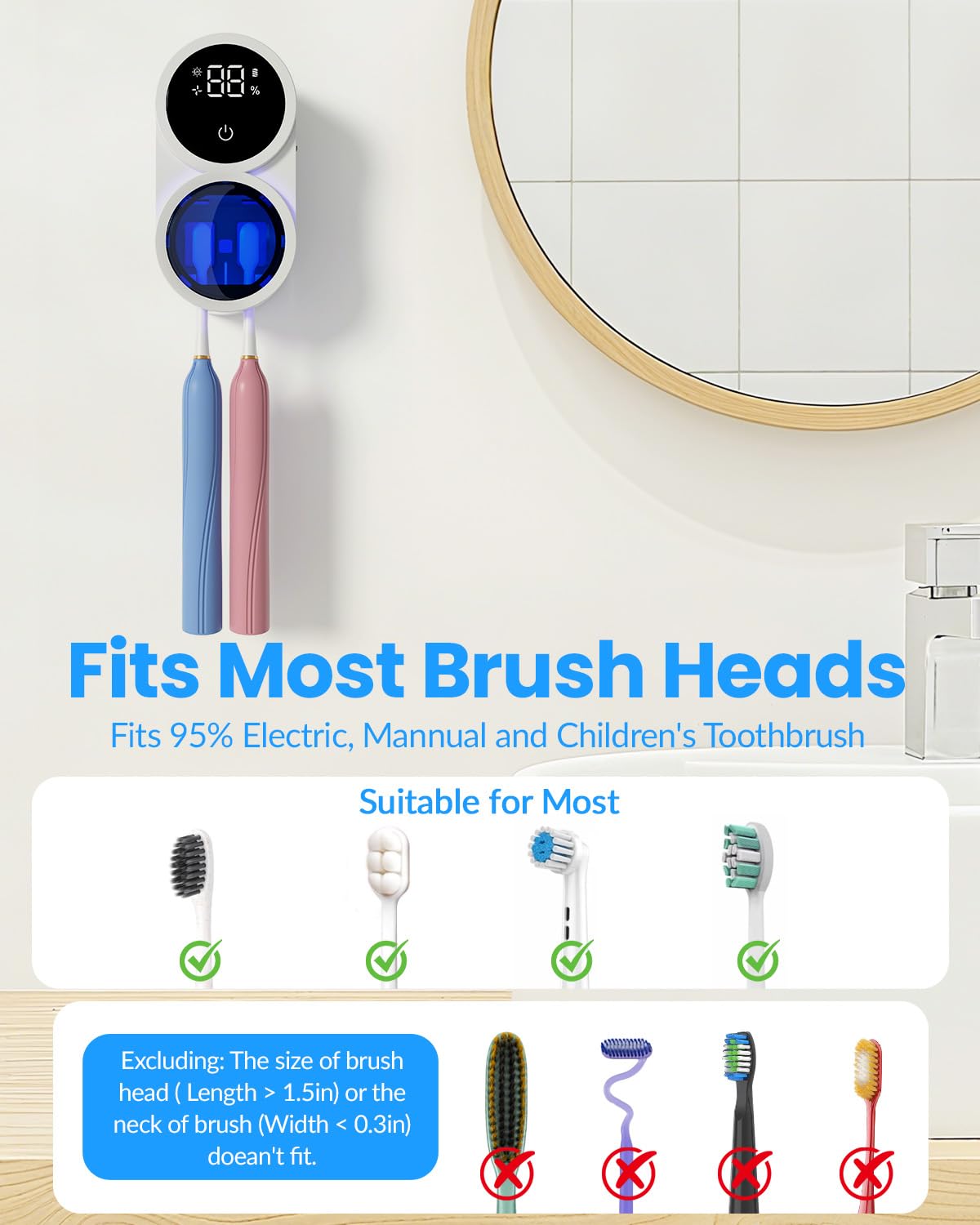 Toothbrush Sanitizer Holder, GEVOODIX Tooth Brush Holder for Bathroom, Wall-Mounted Toothbrush Holders Organizer Auto-Inductive Cover, 140℉ Air Drying Fits Most Electric, Manual and Kids’ Toothbrushes