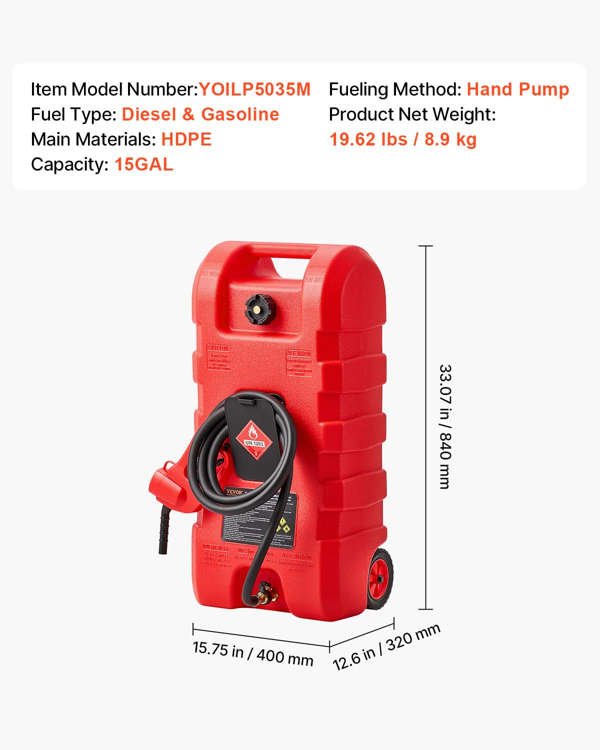 VEVOR Fuel Caddy, 15 Gallon, Fuel Tank Container with Gravity & Hand Pump Modes, Portable Fuel Tank with Wheels, 10 ft Delivery Hose & Manual Pump, Gas Caddy for Motorboats, ATVs, Gasoline & Diesel