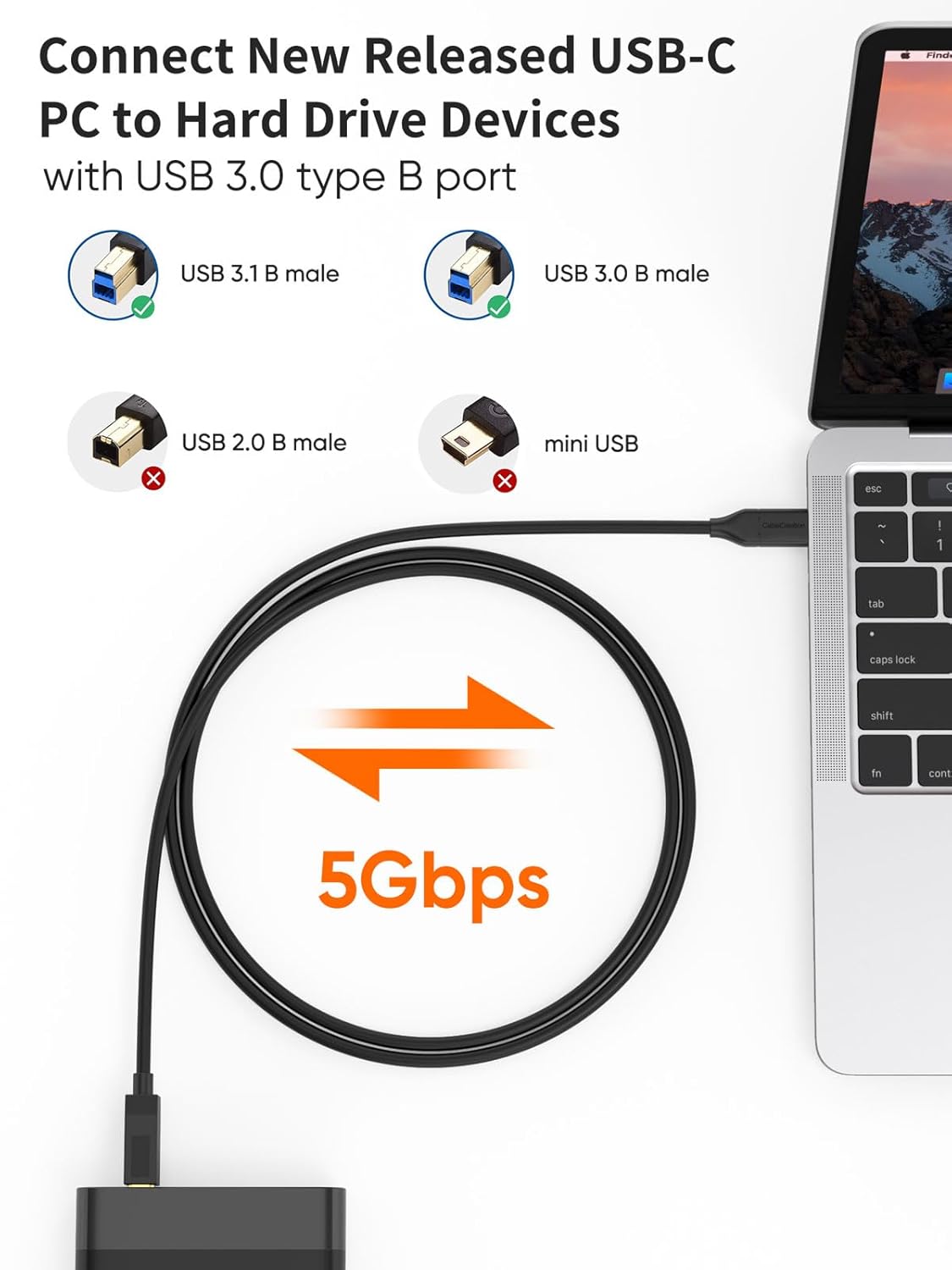3.1 10FT, 5Gbps 3 Black,3M CableCreation USB C to USB B Cable USB Type B to USB C Cable for Thunderbolt Host MacBook