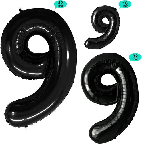 GOER Black Foil Number Balloons - Huge 9th Birthday Party Decorations | 3 Pack (42", 32", 16")