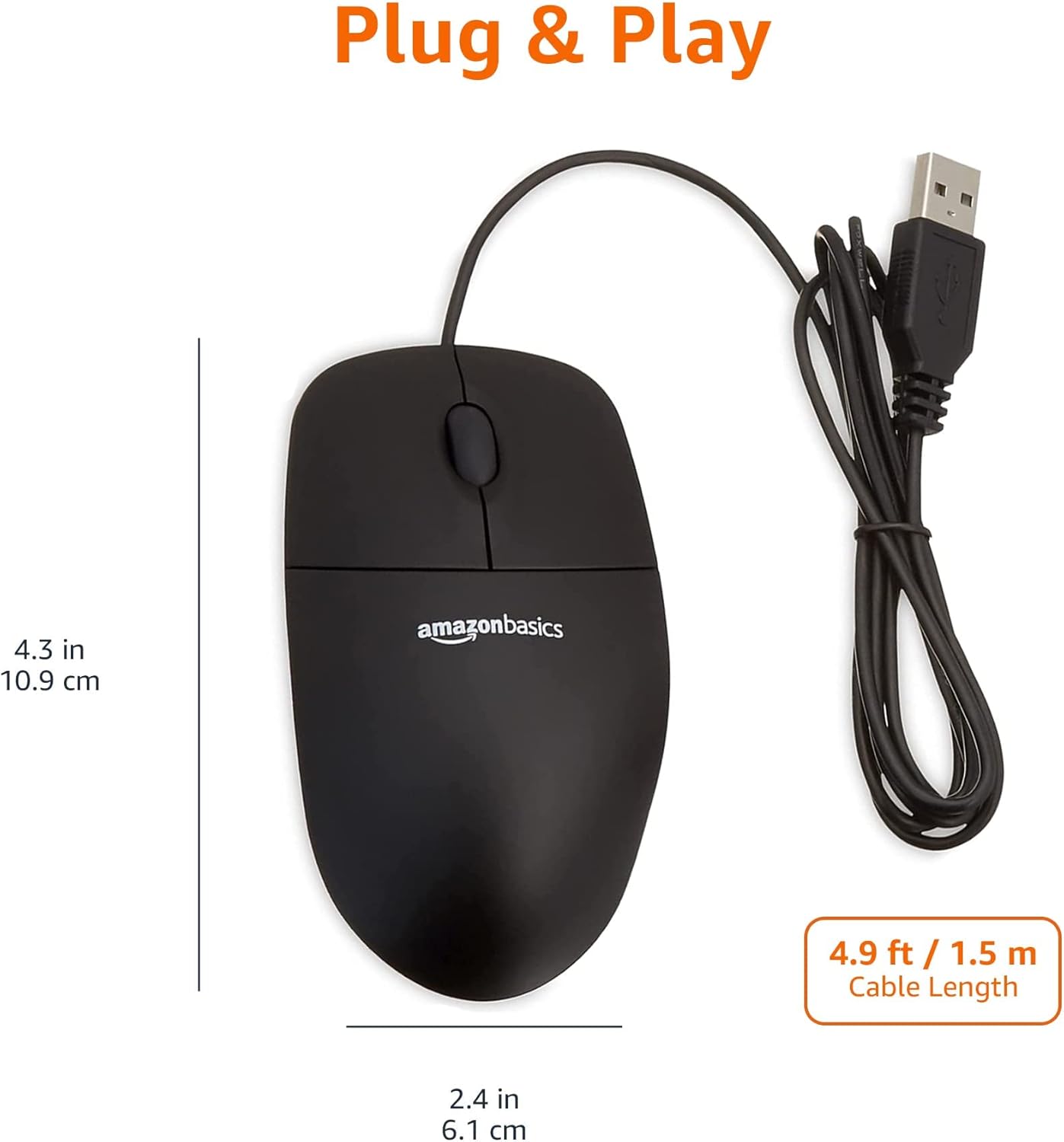 Amazon Basics 3-Button Wired USB Mouse - Design, Black