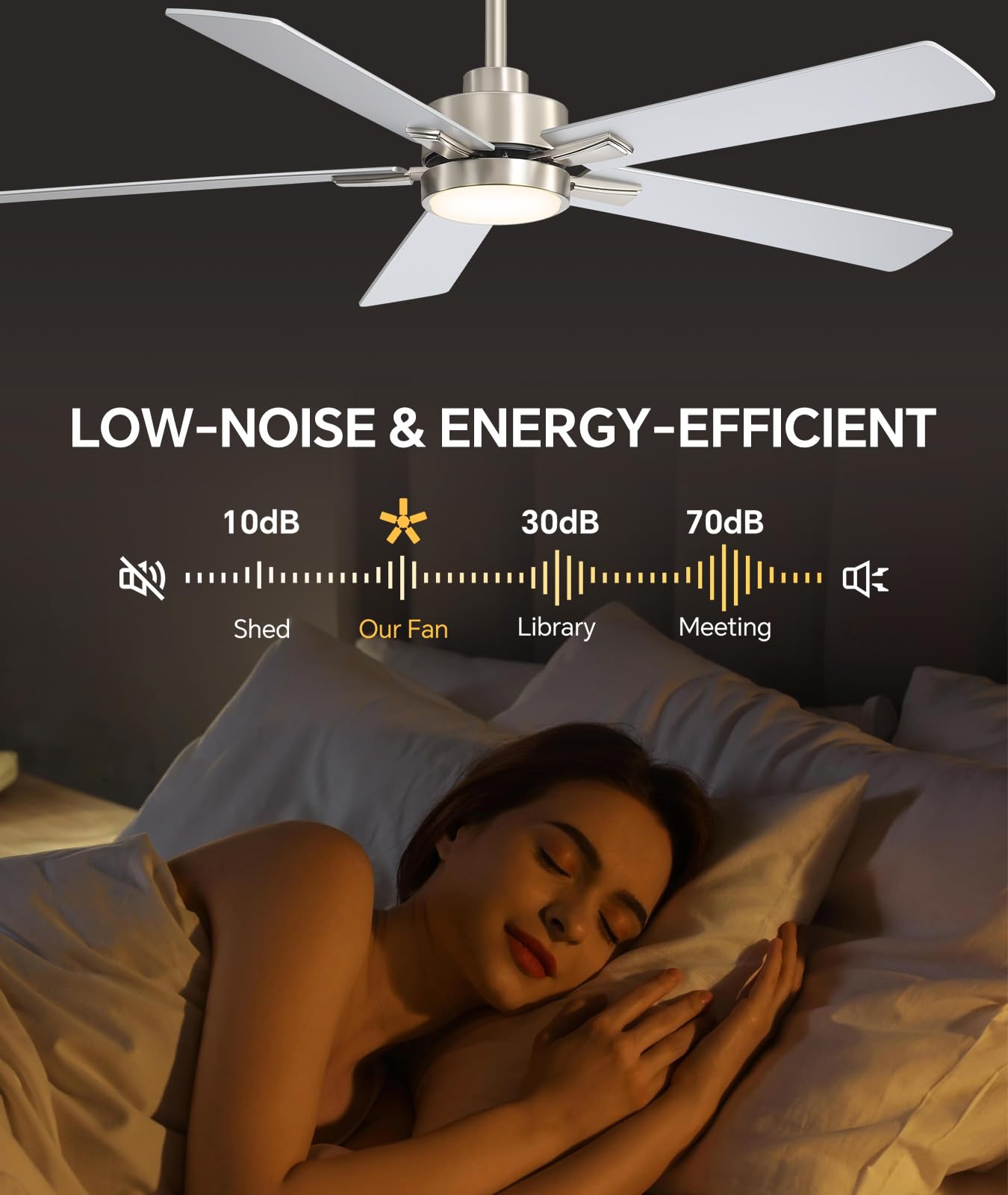 ZYD 52 Inch Brushed Nickel Ceiling Fan, Downrod Mount Brushed Nickel Ceiling Fan DC Motor 6-Speed Reversible, Quiet Ceiling Fans with Lights and Remote for Bedroom, Indoor & Covered Outdoor