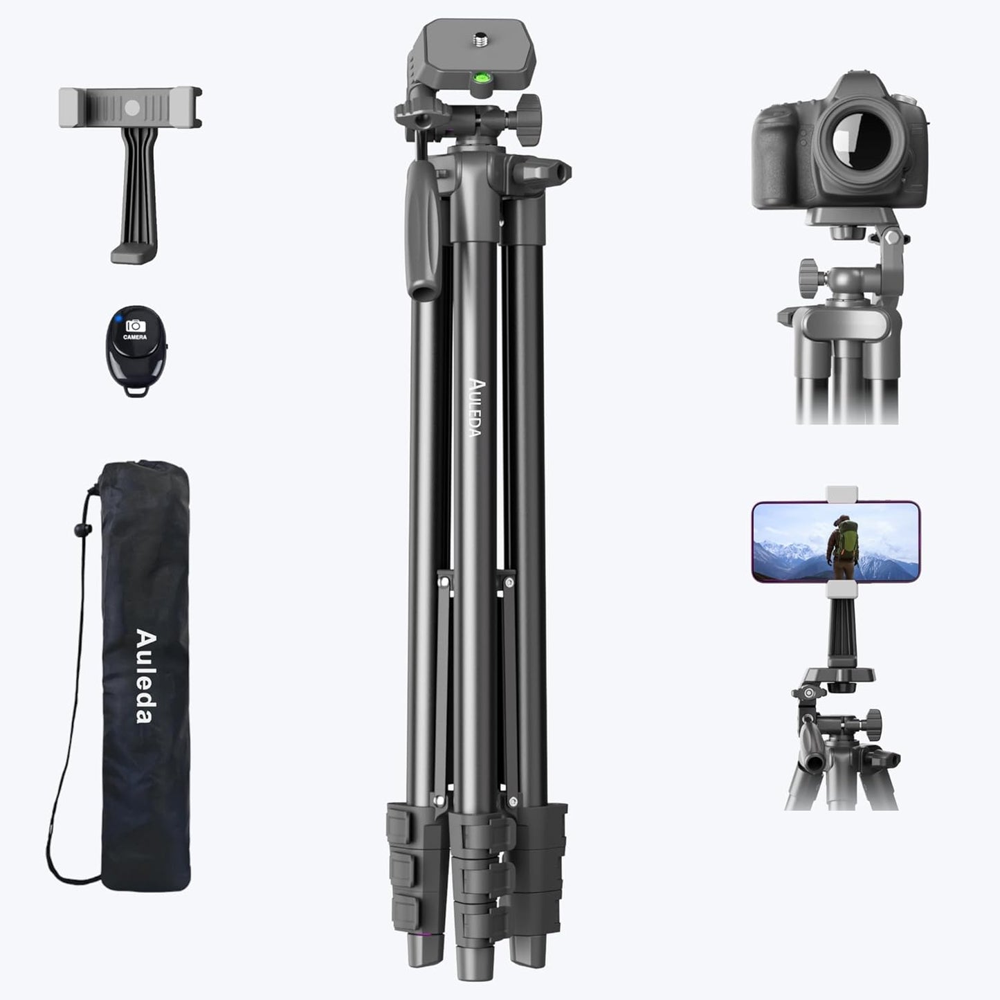 Auleda 71 6.6 LB Camera Tripod Aluminum Tall Tripod Stand Compatible with Canon Nikon with Wireless Remote Phone Holder
