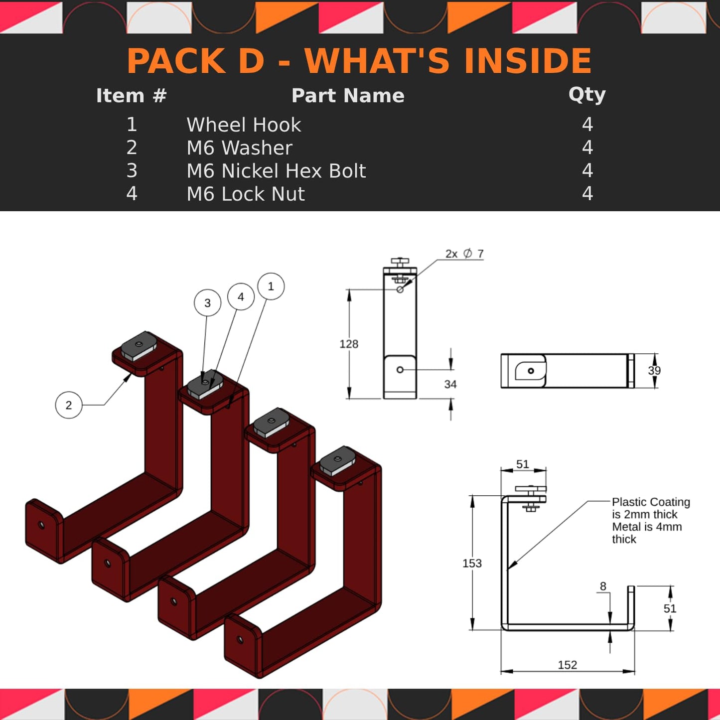EZYRACK Pack D Hook Brackets x4 – Heavy Duty Wall Hooks, Suits Modular Systems, Holds Ladders, Bikes, Tools, 4mm Steel Construction, Garage Storage Hooks