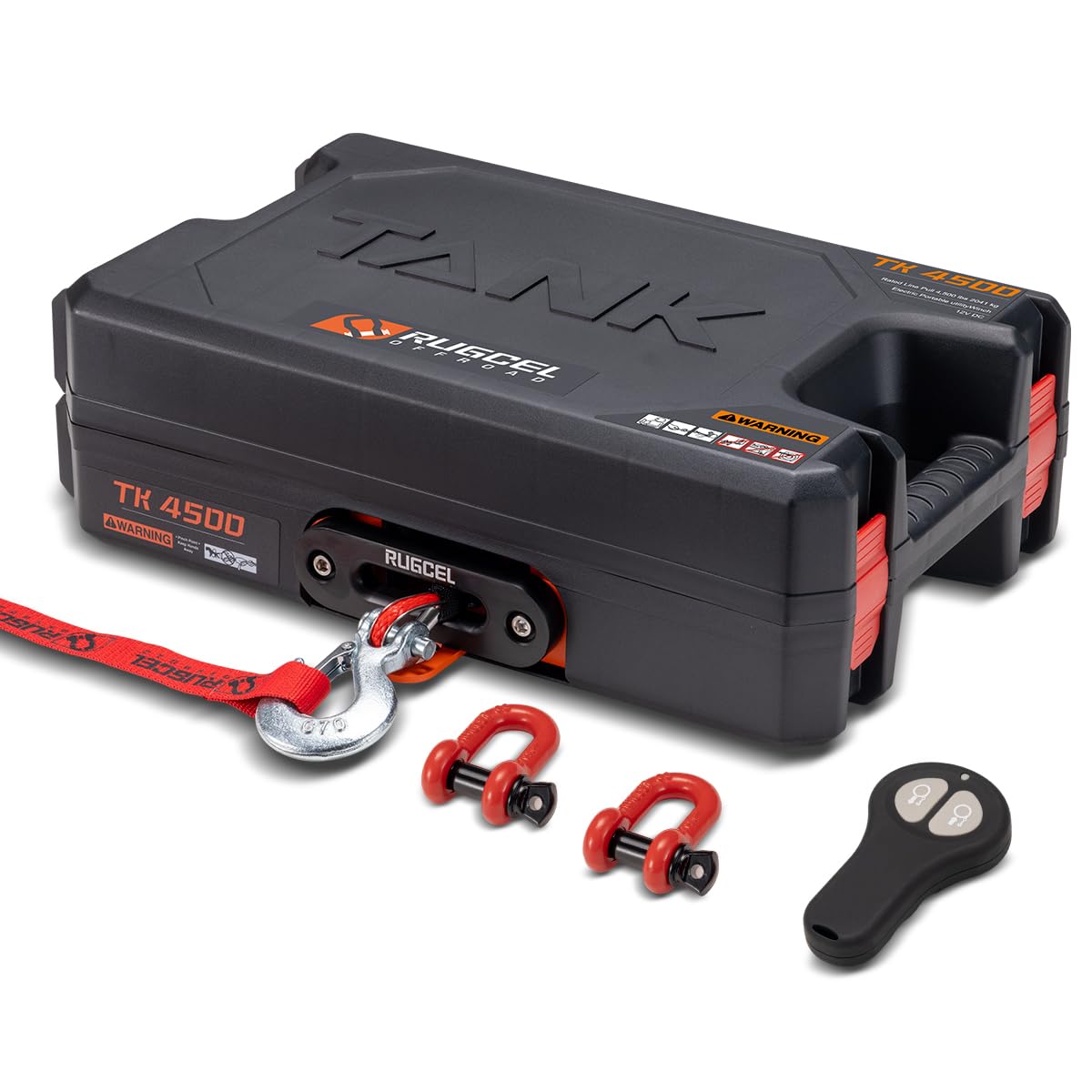 RUGCEL WINCH Portable Winch 12V DC Electric Utility winch,4500lb/2041kg Single Line Pull with Steel Mounting Plate, Integrated Hawse Fairlead and Synthetic Rope,Infrared remote control,atv utv winch