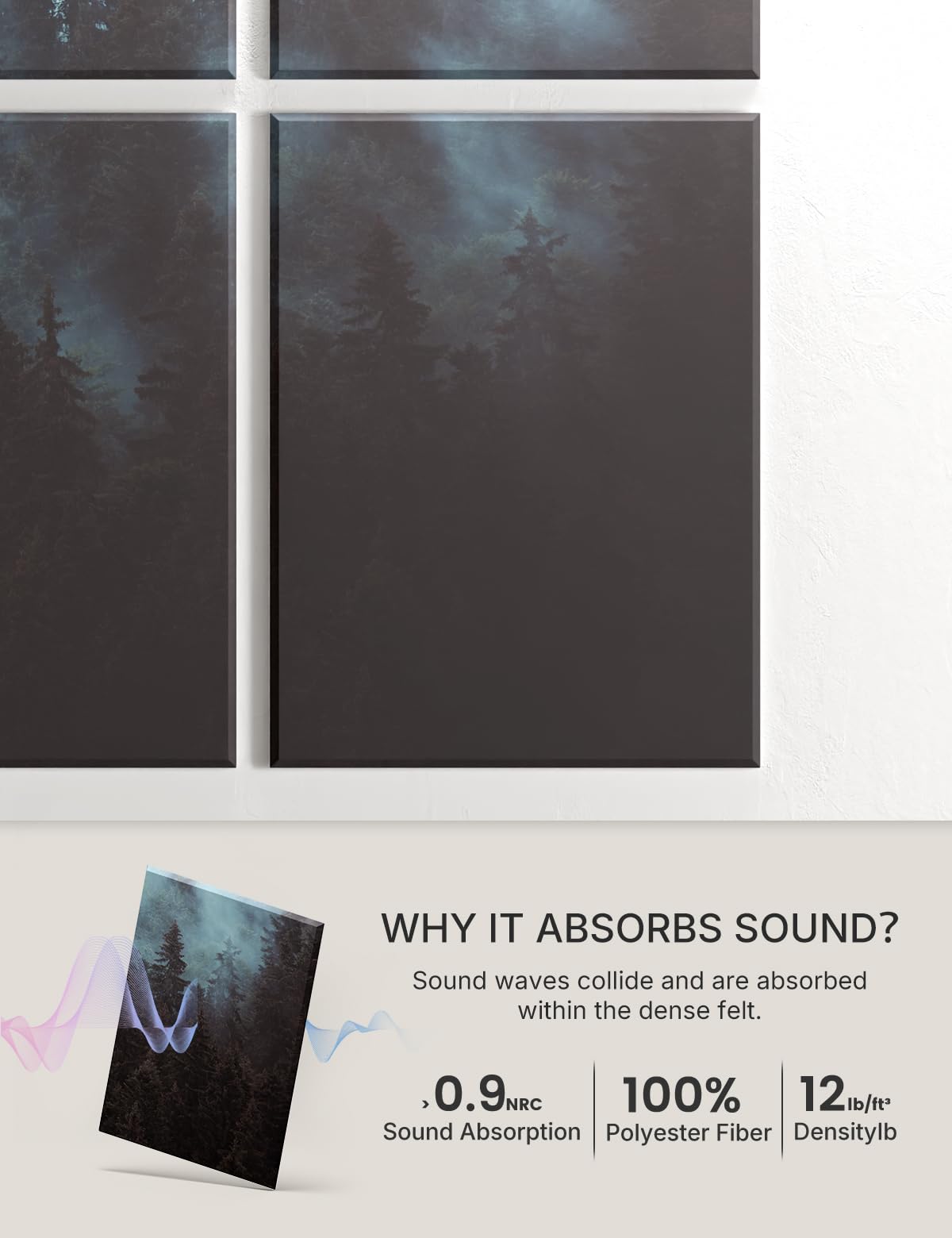 Wall Art Acoustic Panels,70''×47''Sound Absorbing Panels-8-Pack with 60 Adhesive Tabs, Panels for Living Room and Recording Studio, Offices-Foggy Nature Forest