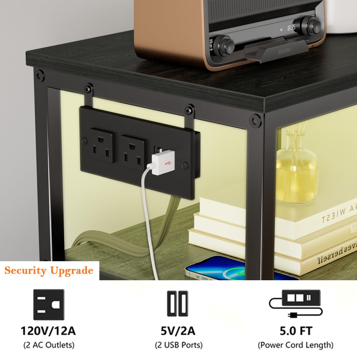 Furnulem Dresser for Bedroom, Tall Nightstand, Vertical Chest with Wood Top, Charging Station, LED Lights, 5 Fabric Bins, Bedside Table with Shelf, Furniture for Entryway (5 Drawer, Black Oak)