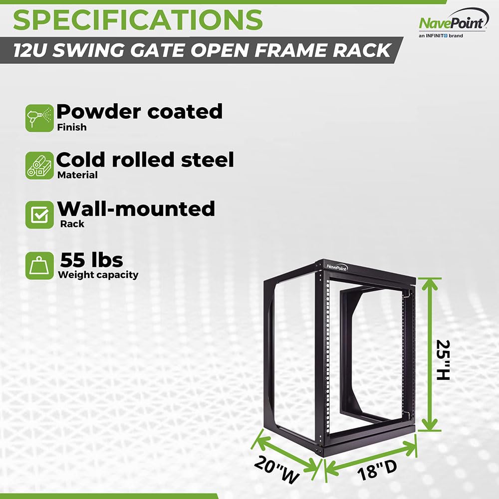 NavePoint 12U Server Rack with Swing Gate - Wall Mount Rack for 19 Inch IT Equipment Open Frame Rack – Network Rack Wall Mount for AV & Server Equipment 18” Deep Rack, Black