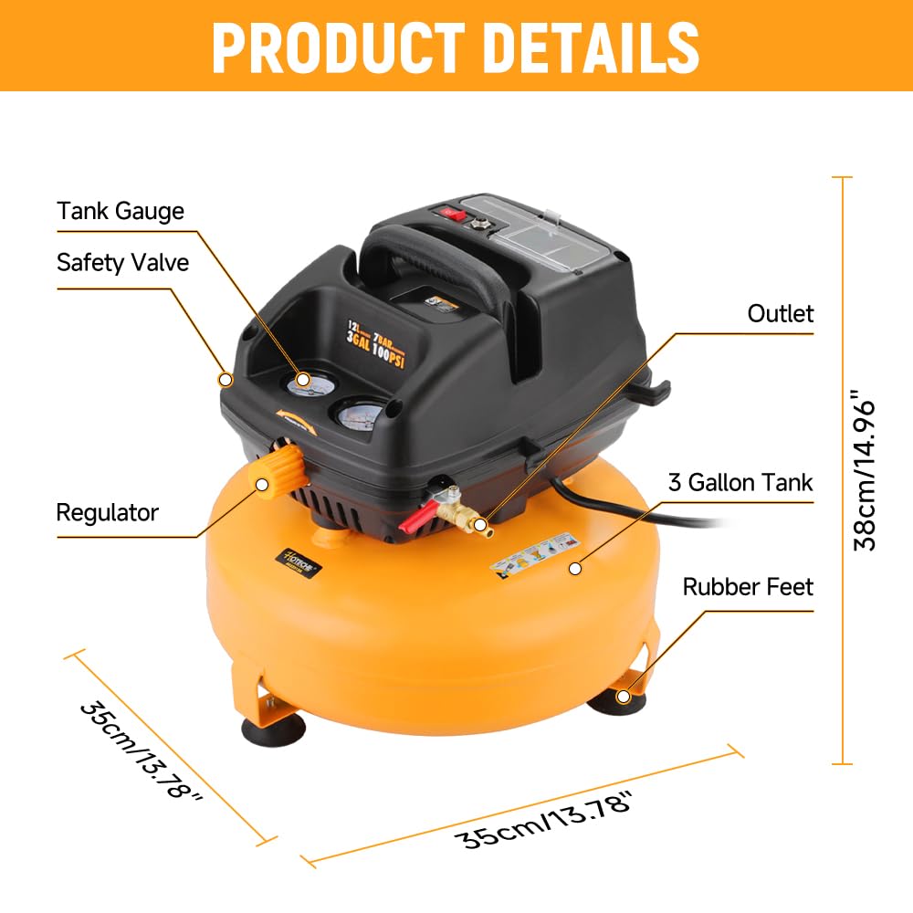 Hoteche 3 Gallon Air Compressor, 1/3HP Portable Air Compressor 100PSI Max Working Pressure, Oil-Free Compressor Tank for Tire Inflation, Spray Painting, Woodwork Nailing, 4700RPM