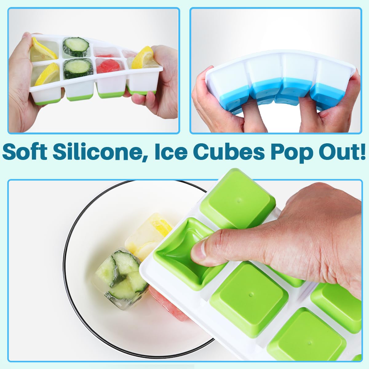 Large Ice Cube Tray with Lid and Bin, Jrisbo Silicone Big Square Ice Cube Molds for Freezer, 3 Pack Stackable Huge Cubed Ice Trays with Ice Tong, Ice Scoop for Whiskey Cocktails Soups Frozen Treats
