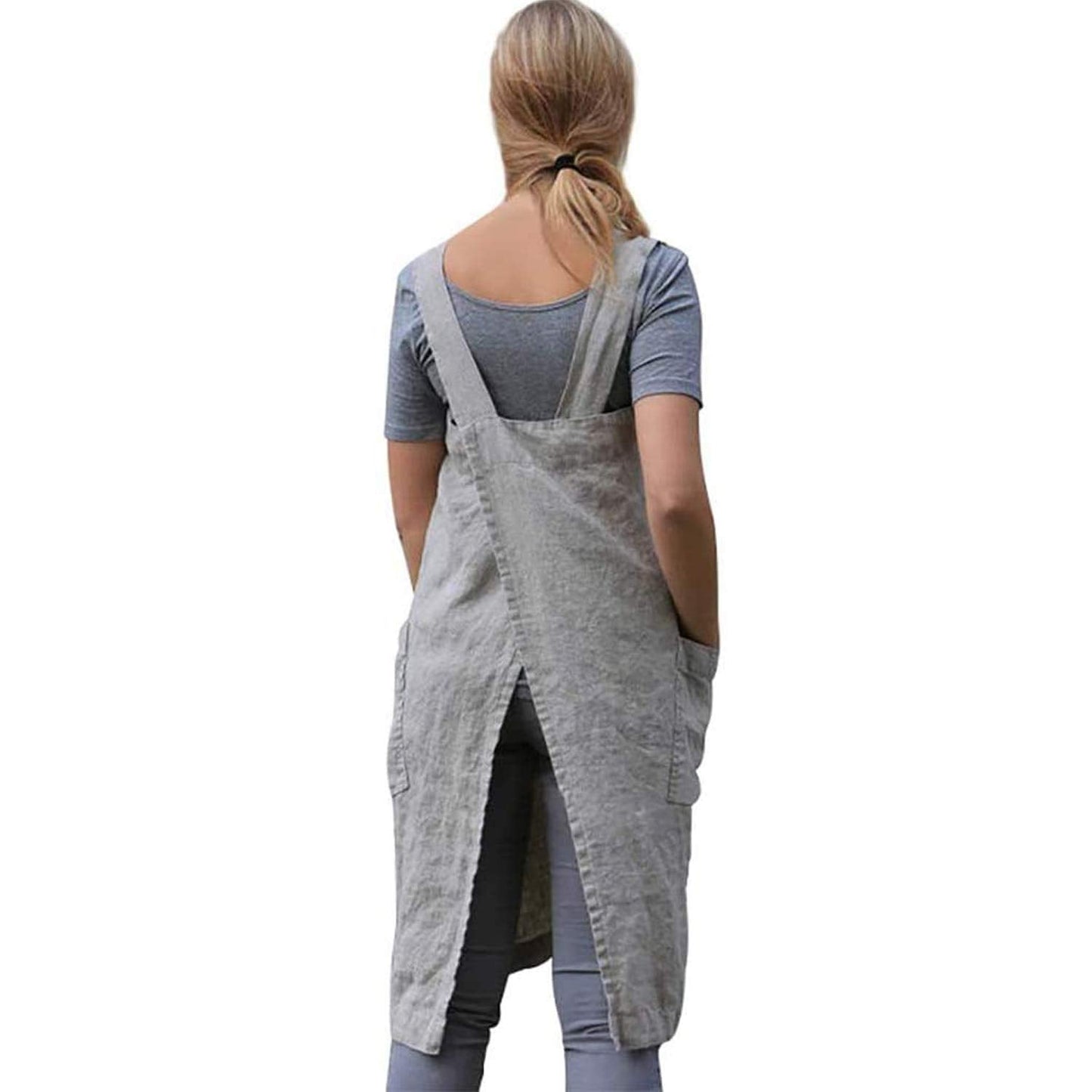 Amlztr Women's Pinafore Apron Cross Back Apron with Pockets Cotton Linen Apron Dress Plus Size