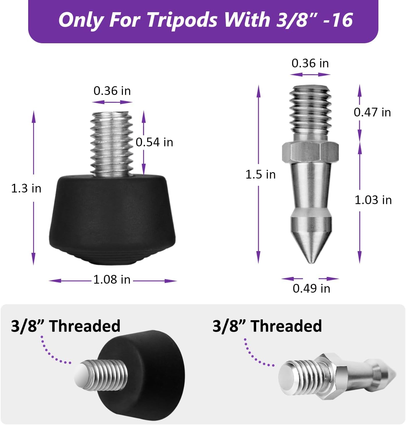Rigych 6 3/8-16 Pcs Tripod Spike Feet - Thread, Rubber & Stainless Steel Spike Feet, Universal Anti-Slip
