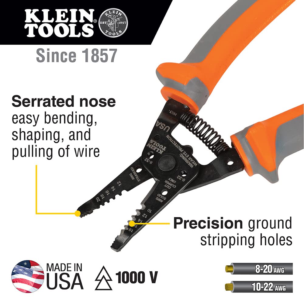 Klein Tools 9421R 1000V Insulated Plier Tool Set, Made in USA, with 3 Pairs of Pliers, Cable Cutter, Wire Stripper, and 2 Screwdrivers, 7-Piece