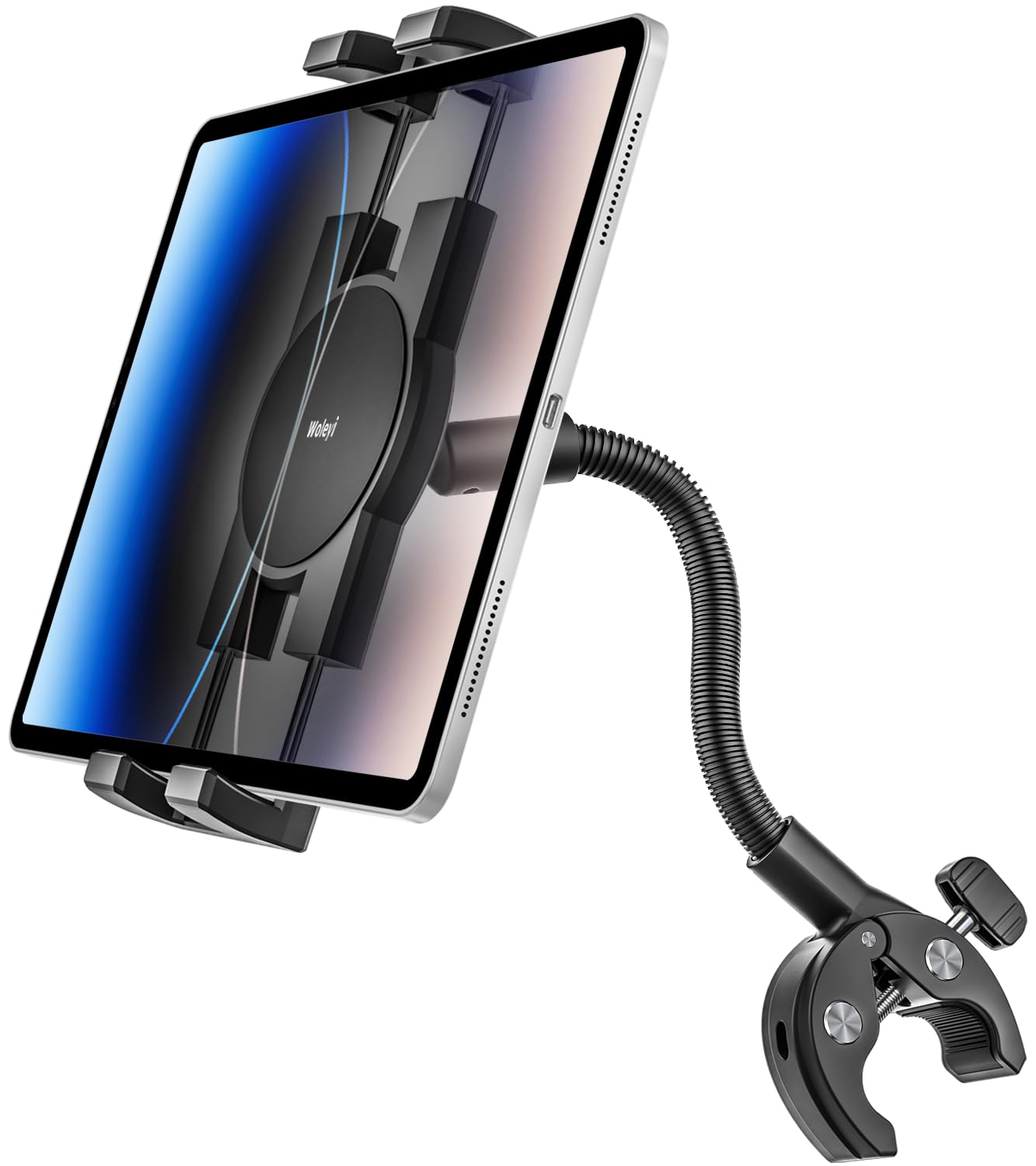 Gooseneck Tablet Holder for Wheelchair/Stroller/Golf Cart/Boat/Mic stand/Indoor Cycling Bike/Gym Bicycle Handlebar Clamp, Compatible with 4.7-13" iPad Pro/Air/Mini, iPhone, Galaxy, Fire HD, E-book