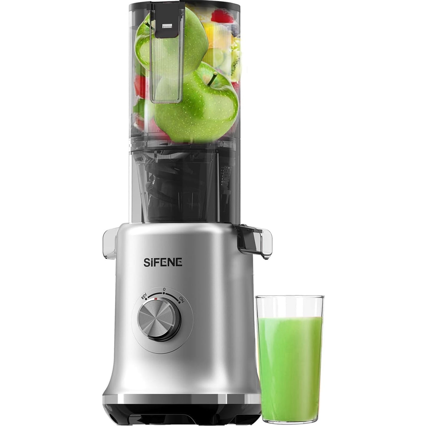 SIFENE Cold Press Juicer, 4" Wide Feed Chute Masticating Juicer with 63RPM Slow Grind, High Juice Yield Fruit & Vegetable Juicer Machine, Easy to Clean with Reverse Function, BPA-Free, Gray