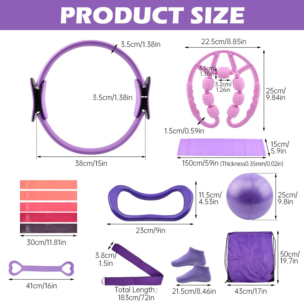 Quivorant Pilates Equipment Kit for Home Workout - 10-Piece Set with Pilates Ring, Mini Exercise Ball, 5 Resistance Bands, Core Sliders & Grip Socks - Full Body Toning Fitness Starter Kit with Bag