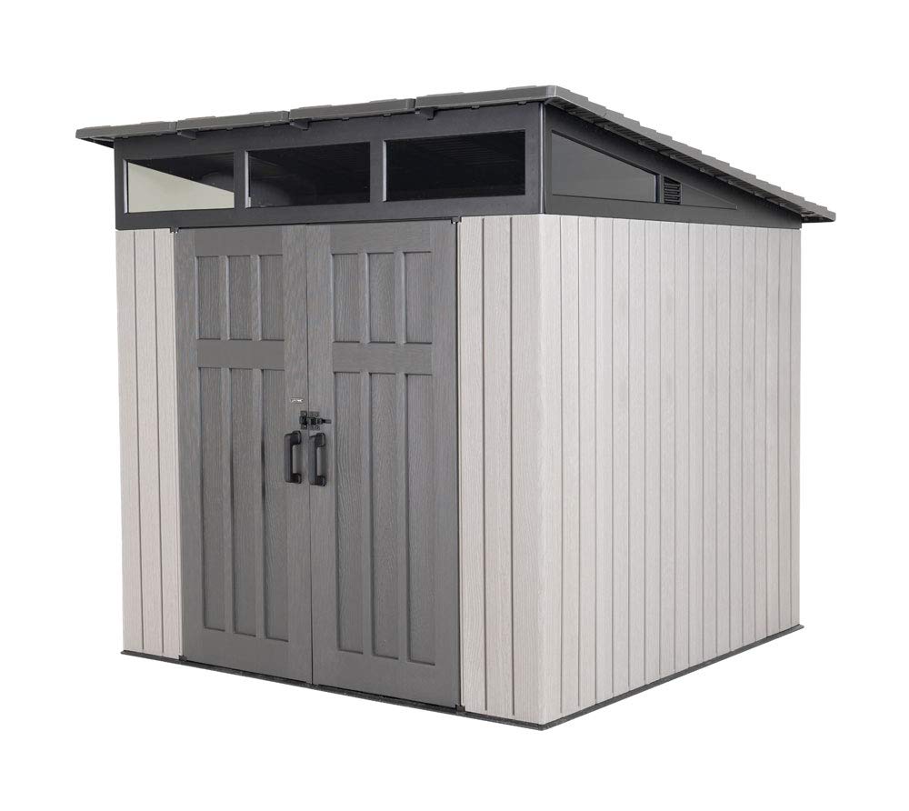Lifetime 8.3 x 8.3 Ft Modern Outdoor Storage Shed with Clerestory Windows, Steel Reinforced, Lockable Doors, Adjustable Shelf and Wall Hooks, UV-Protected, Gray