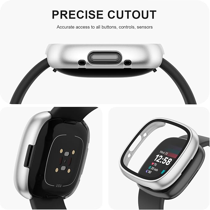Vancle Case for Fitbit Versa 4 / Fitbit Sense 2, 4-Pack Screen Protector Tempered Glass Full Around Hard PC Case with Sensitive Touch Film Protective for Fitbit Sense 2 / Versa 4(Black + Transparent + Silver + Rose Gold)