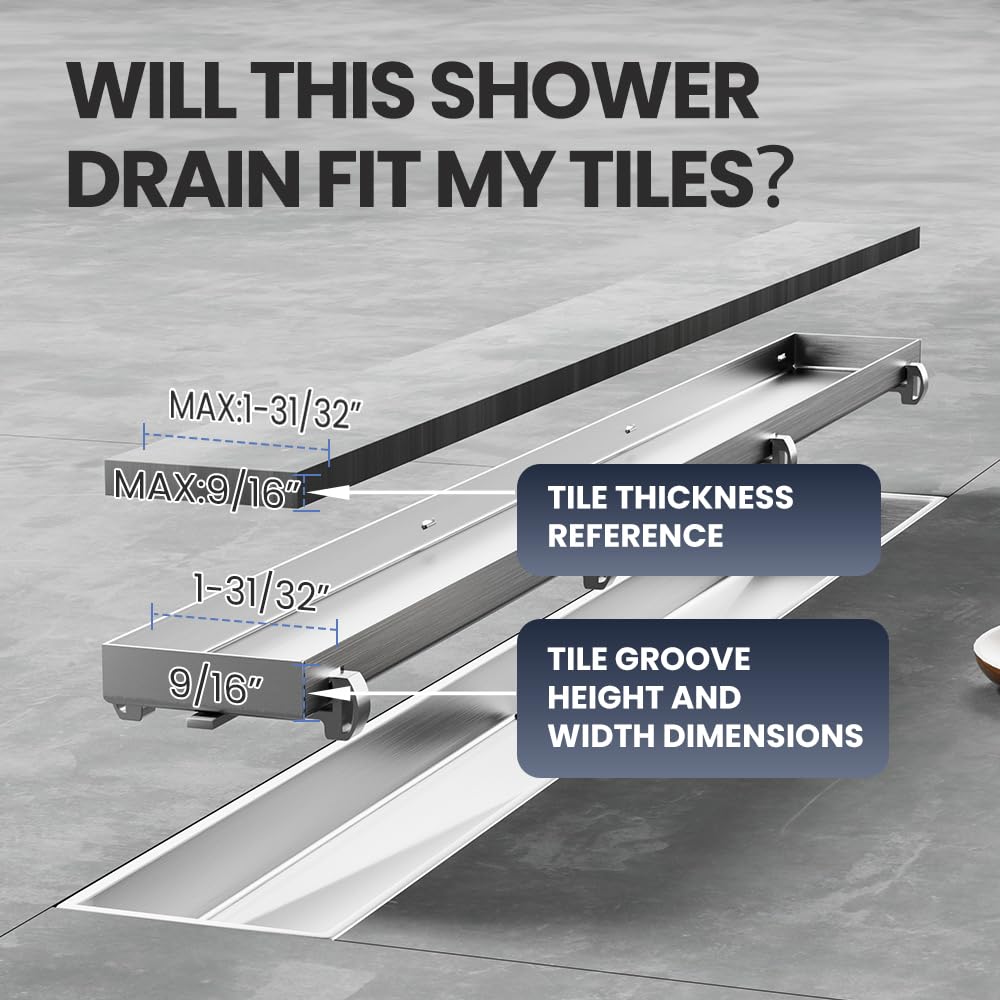 LISEEGO Linear Shower Drain 54 Inch, Brushed AISI 304 Stainless Steel Shower Drain with 2-in-1 Tile Insert Panel, for Bathroom, Kitchen, Garage & More