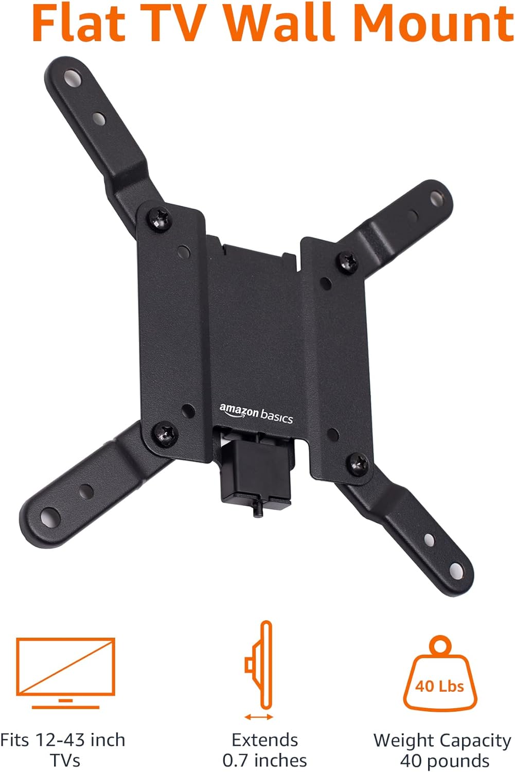 Amazon Basics 12" 40" 200x200, 40 lbs Fixed Flat TV Wall Mount, Low Profile, for to TVs, VESA Capacity