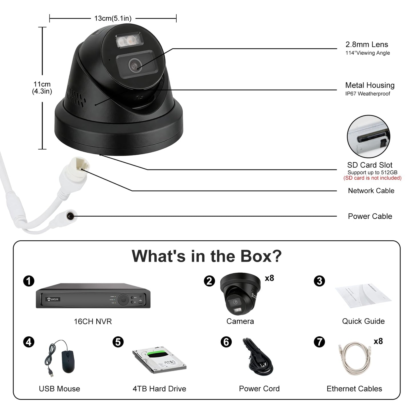 《Strobe Sound Light Alarm & 2-Way Audio》Anpviz 16CH 4K PoE Security Camera System, 8X 8MP Wired IP Turret Cameras Outdoor Black, 12MP NVR with 4TB HDD, True Plug & Play for Business Home(H Series)