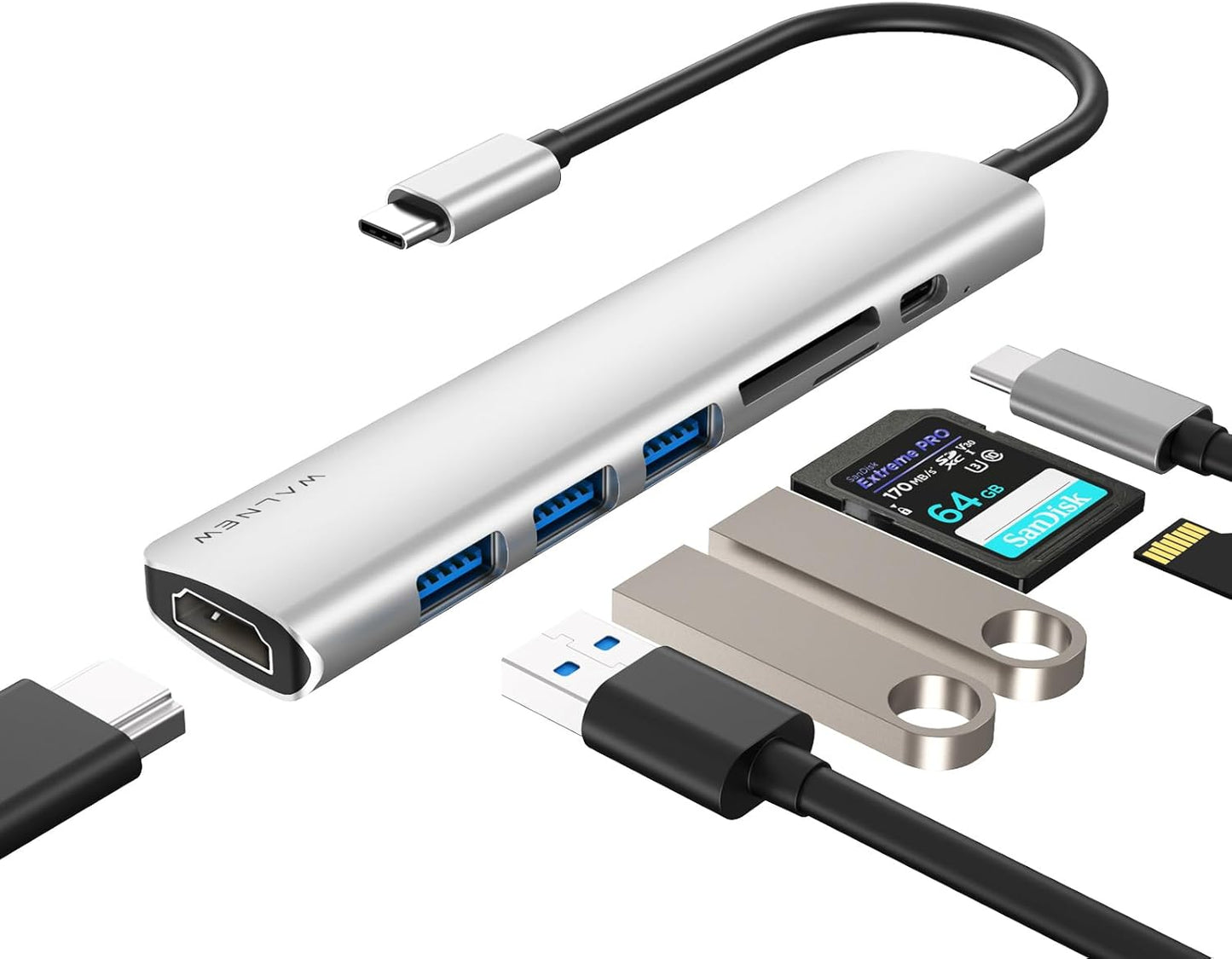 WALNEW 7-in-1 100W PD,4K 3.0, 3 M1 M2,iPad 6,Dell 15 13,Chromebook USB C Hub with HDMI,SD/TF Reader,USB Thunderbolt