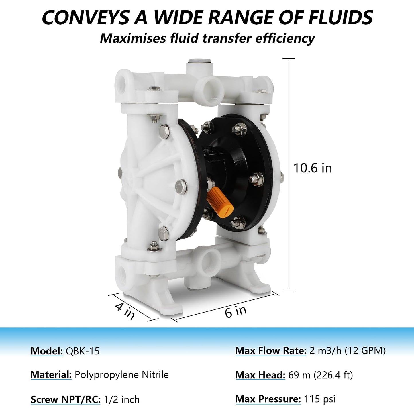 Dollate Air Operated Double Diaphragm Pump 1/2 nch Inlet/Outlet，QQBK-15 12 GPM Dual Diaphram, Air Diaphragm Pump Dual Diaphragm Air Pump 12 GPM Max 115PSI，Nitrile, Pneumatic Waste Oil Transfer Pump
