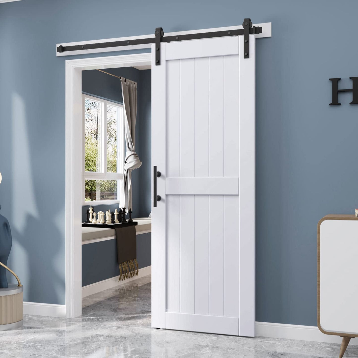 EaseLife 32 x 84 inch White Barn Door with 5.5FT Sliding Door Hardware Kit Included & Handle,Solid Wood Covered with Waterproof PVC Surface,DIY Assemblely,Easy Install,H-Frame,Fit 28-30in Wide Opening