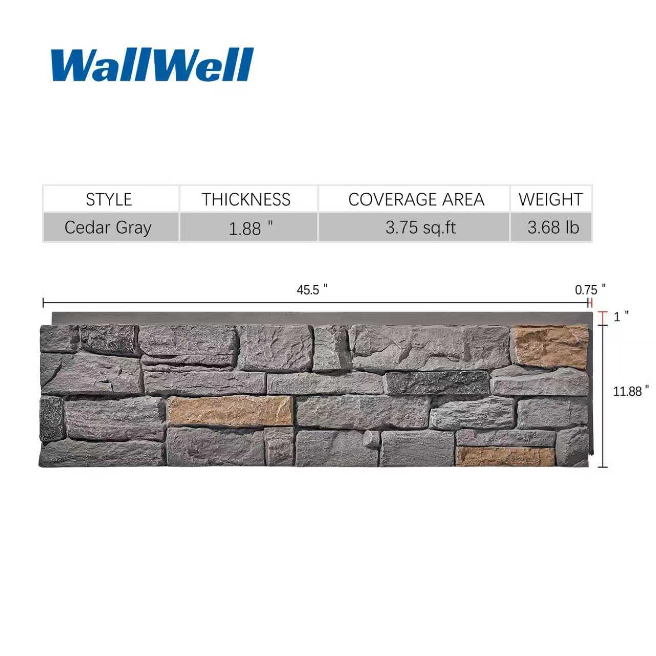 Wallwell 6-Pack Faux Stone Wall Panels (22.5 Sq Ft) PU Stone Veneer Siding, Mortarless 46.25x12.88 Inch Stacked Stone Accent Wall Interior Exterior, DIY Home Improvement,Cedar Gray