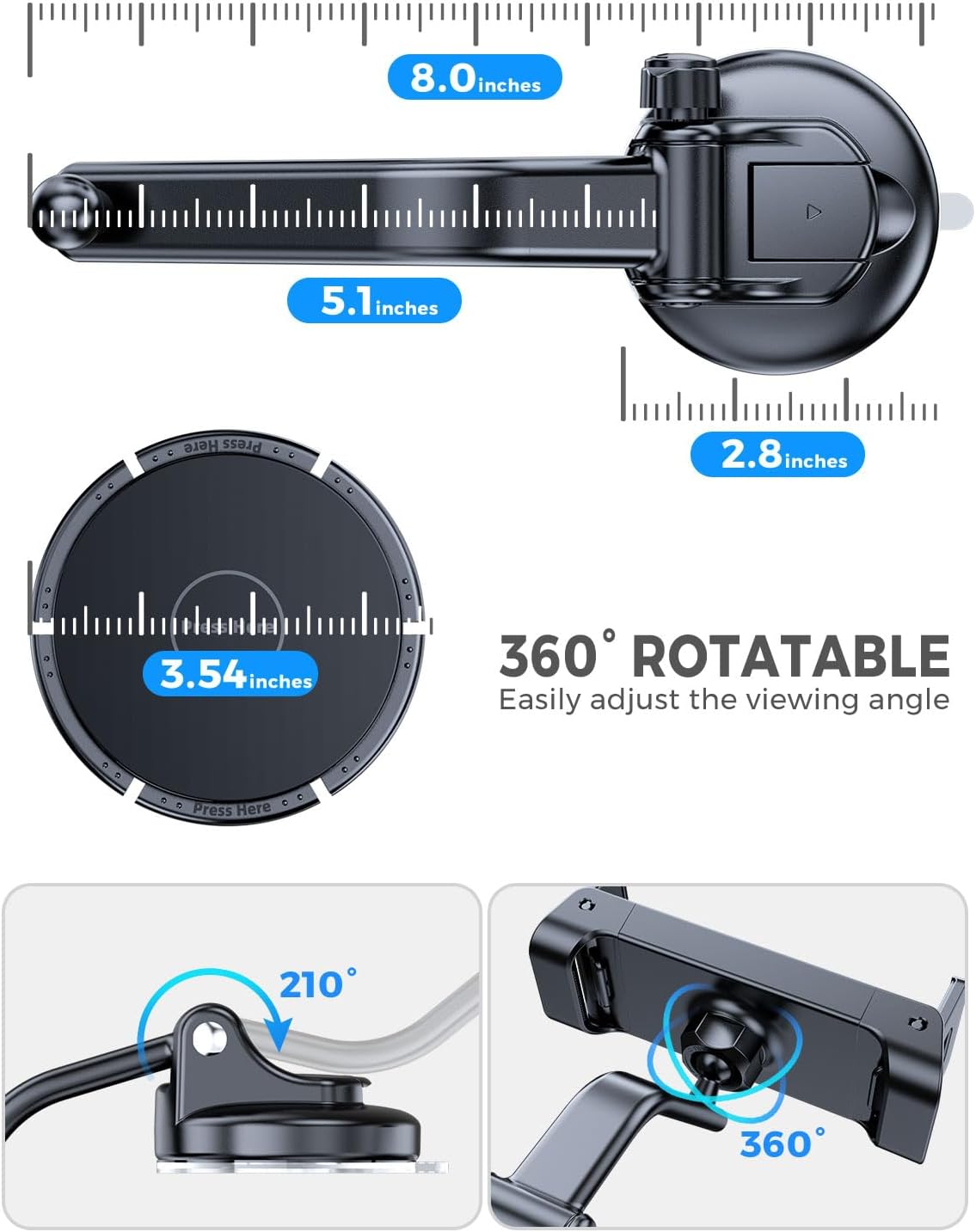 eSamcore 360 6-11 Tablet Holder for Car Dashboard, Windshield Mount Holder for iPad & Foldable Phone Stand with Stable