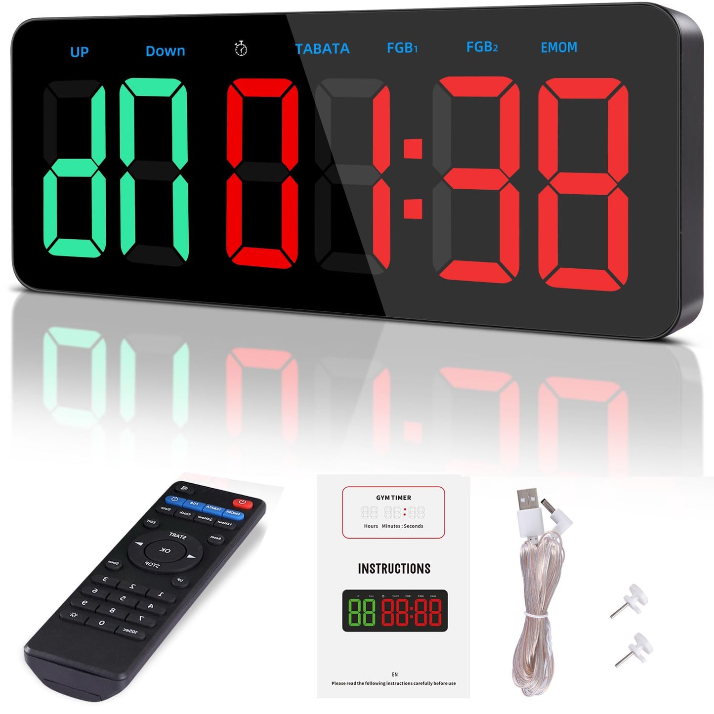 PELLOR Gym Timer Clock, Interval Timer with Function Mode Display, Countdown/UP Stopwatch Adjustable Brightness with Remote Control, 3'' Large Digits Digital Wall Clock for Home Gym Room