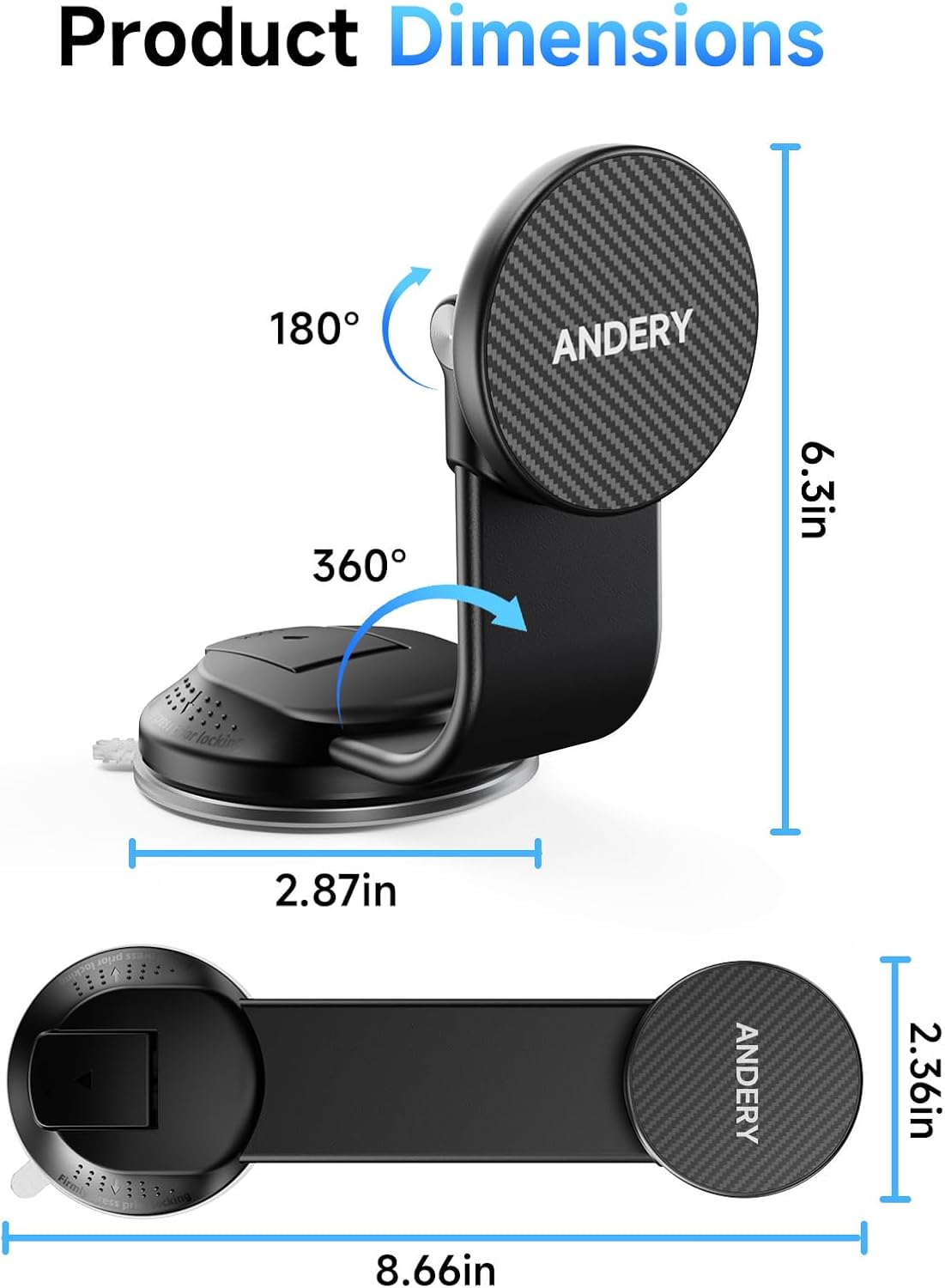 ANDERY [360 2400gf Car Phone Holder for MagSafe Adjustable Memory Alloy Arm | Strongest Magnetic Power] Bendable Car