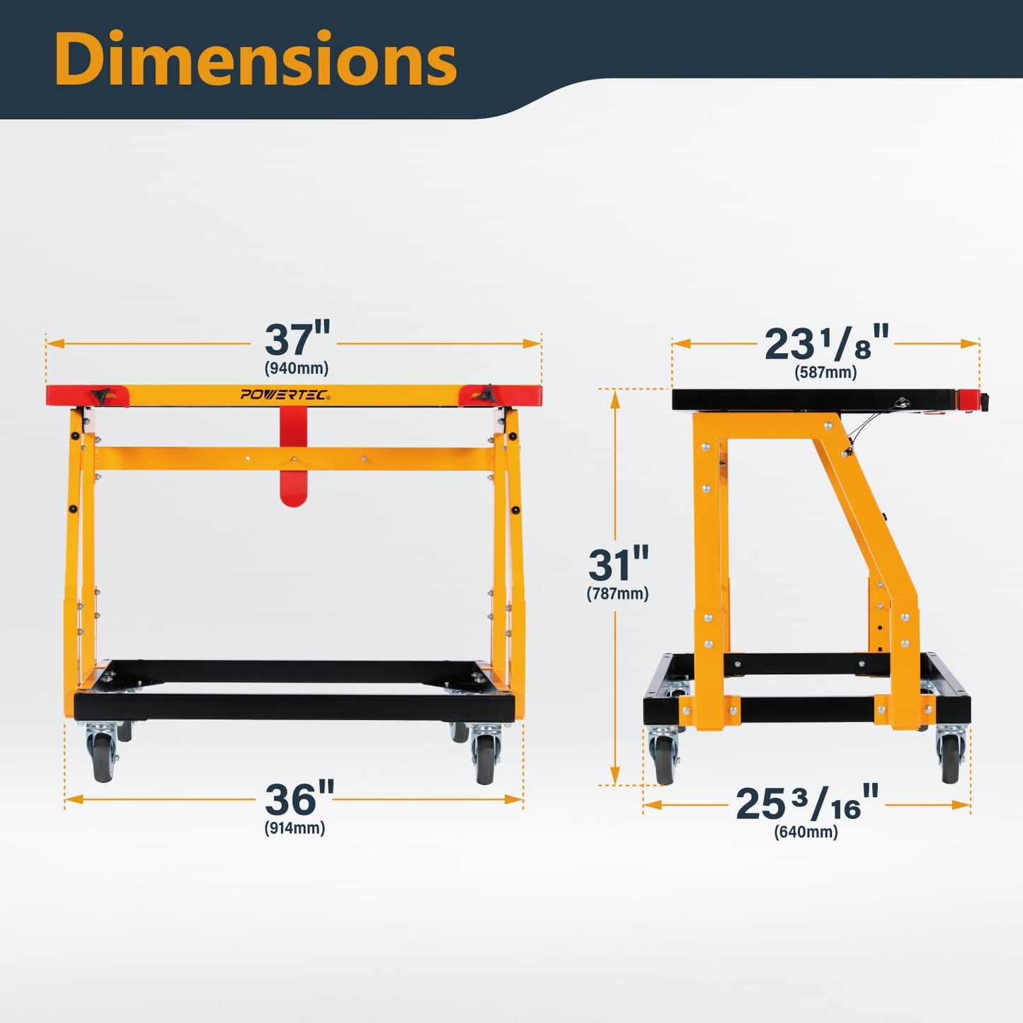 POWERTEC Panel Transfer Cart with Tilting Top - Multi-Purpose Mobile Shop Stand, 220lbs Capacity, 31-37" Adjustable Height, 4" TPR Wheels - 2 Casters with Brake 2 Without (UT1011)