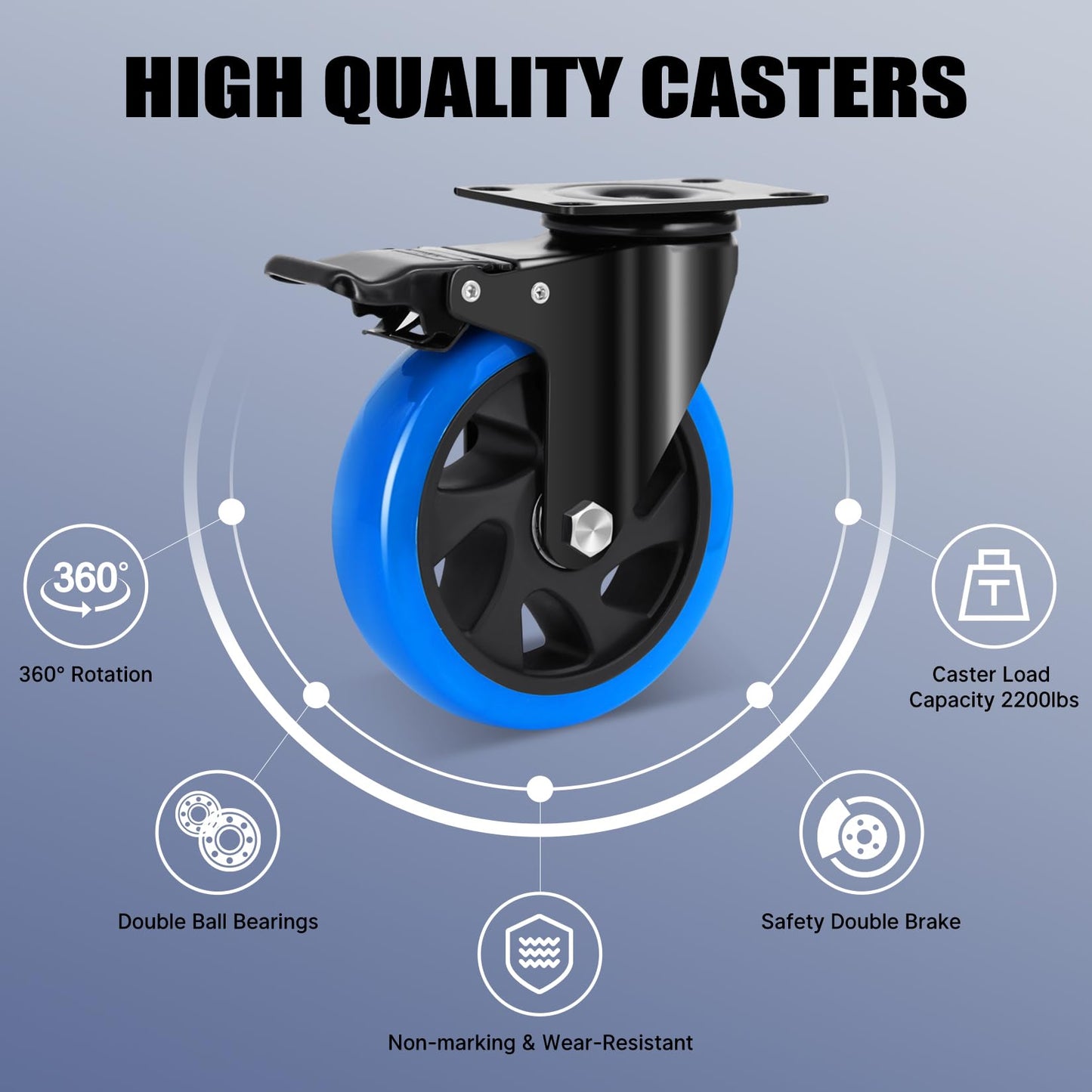 Humagineer 5 Inch Casters Wheel Set of 4, 2200 Lbs Heavy Duty Casters, Safety Locking Industrial Casters with Brake, No Noise Plate Wheels for Cart, Workbench, Furniture (Free Hardware Kits)