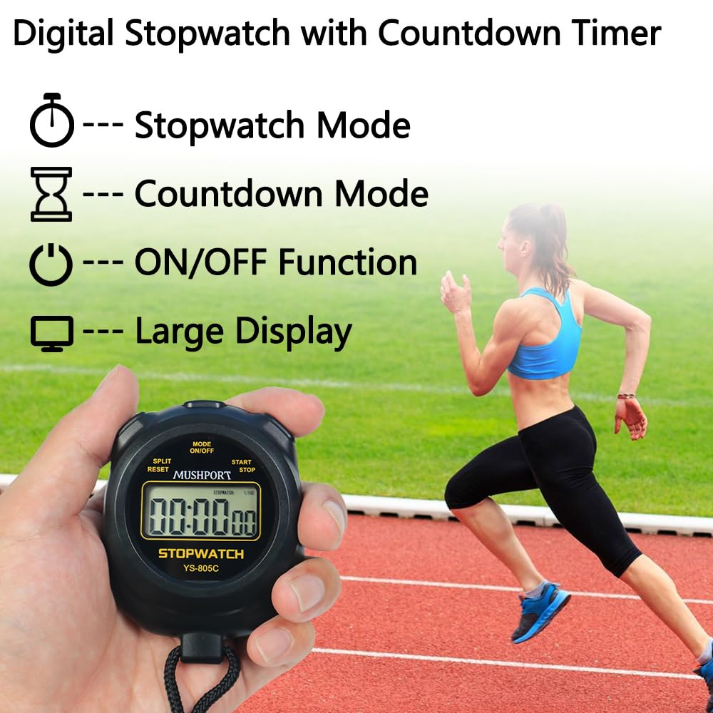 MUSHPORT 2 Pack Digital Stopwatch Sport Timer, ON/Off Countdown Large Display Simple Stop Watch for Sports Coaches PE-Teacher Referees, Black