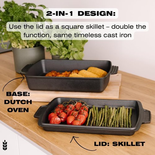 KUHA Square Cast Iron Dutch Oven 2-in-1 - Pre-Seasoned Cookware with Skillet Lid & Casserole Dish - 13" x 9", 6 QT