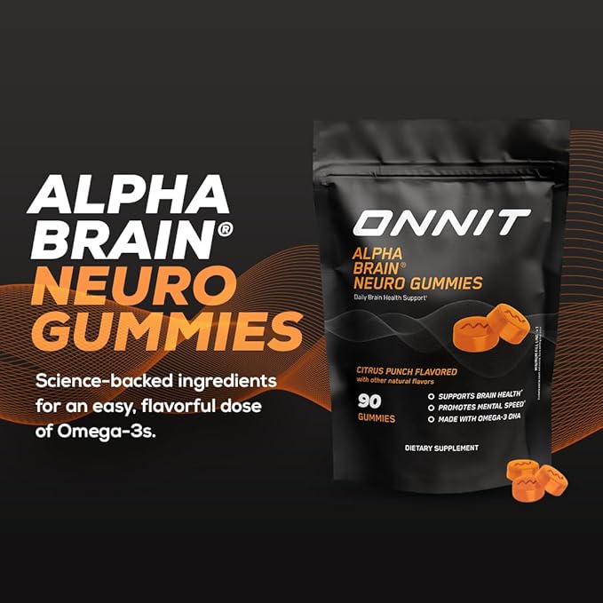 ONNIT Alpha Brain Neuro Focus Gummies - Vegan Gummies with Omega-3s, Lutein, Zeaxanthin & Caffeine - Brain, Eye & Focus Supplement for Men & Women?? Citrus Punch Flavor, 90 Count