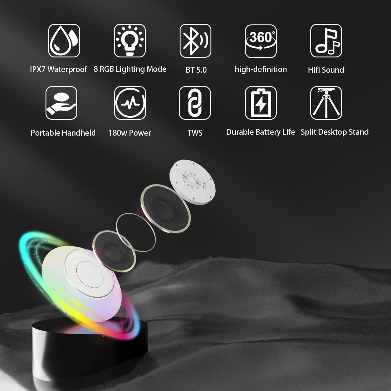Vessena IPX7 Wireless Speaker with Lights, Waterproof Floating Pool Speaker, Portable Wireless Hot Tub Speaker