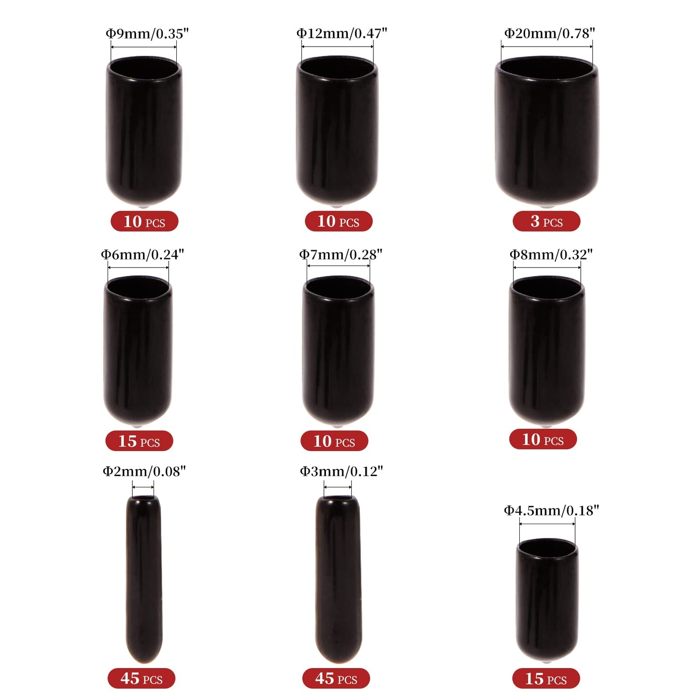 Aleric 163pcs Rubber End Caps,Round Bolt Covers Caps,Vinyl End Cap Screw Thread Protectors,Rubber Screw Cover Bolt Cap for Metal Tube Rod Bolt in Size 2mm 3mm 4.5mm 6mm 7mm 8mm 9mm 12mm 20mm(Black)