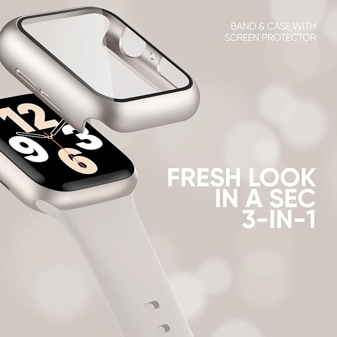 Compatible for Apple Watch Band 44mm 45mm and Case with Screen Protector, Soft Silicone Sport Strap Bands and Protective Cover with Tempered Glass for iWatch Series 9 8 7 SE 6 5 4