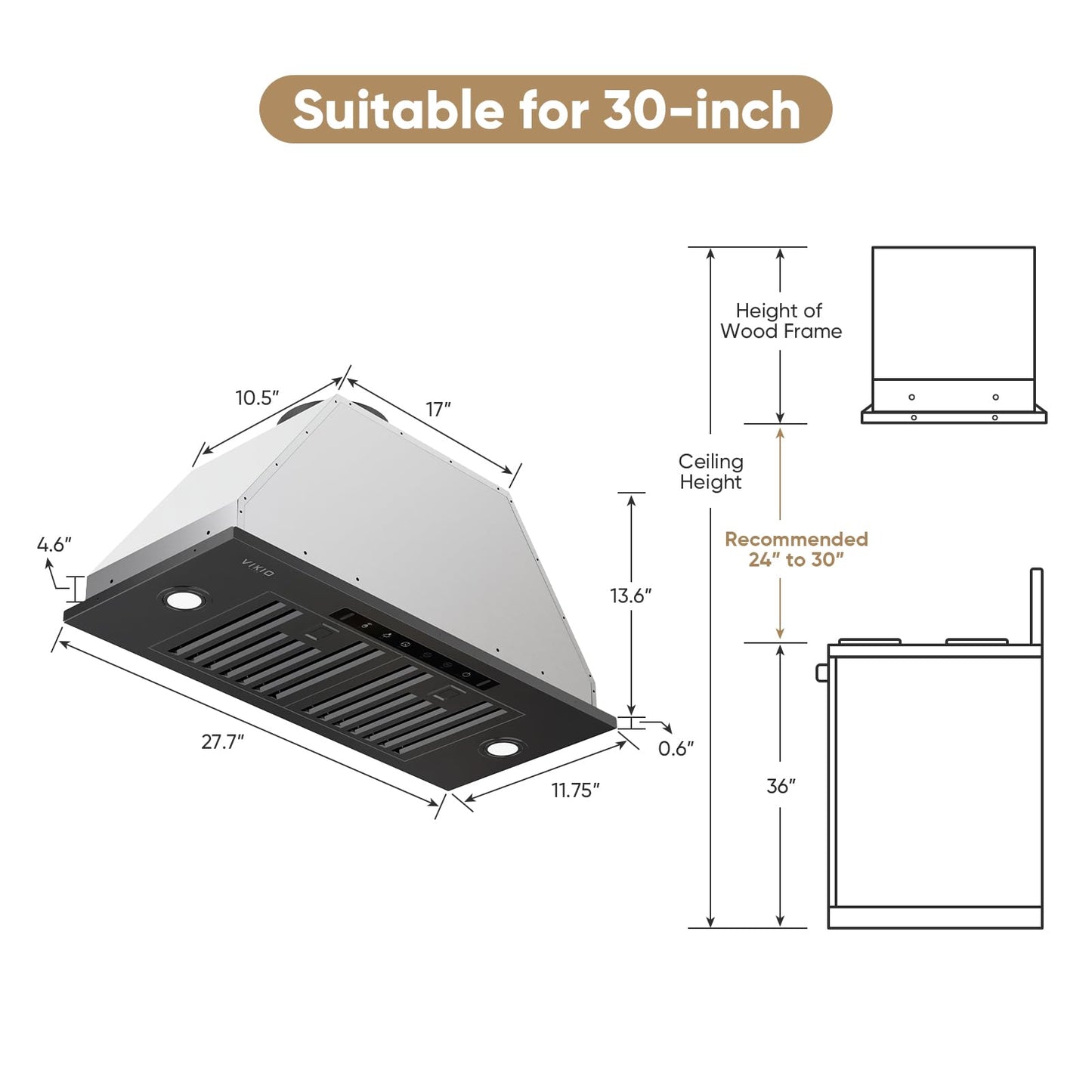 VIKIO HOME Black Built-in/Insert Range Hood 30 Inch, 980 CFM Hood Vent for Kitchen, Ducted/Ductless Convertible Duct, Stainless Steel Kitchen Vent Hood with Gesture & Touch Control, 2 Baffle Filters