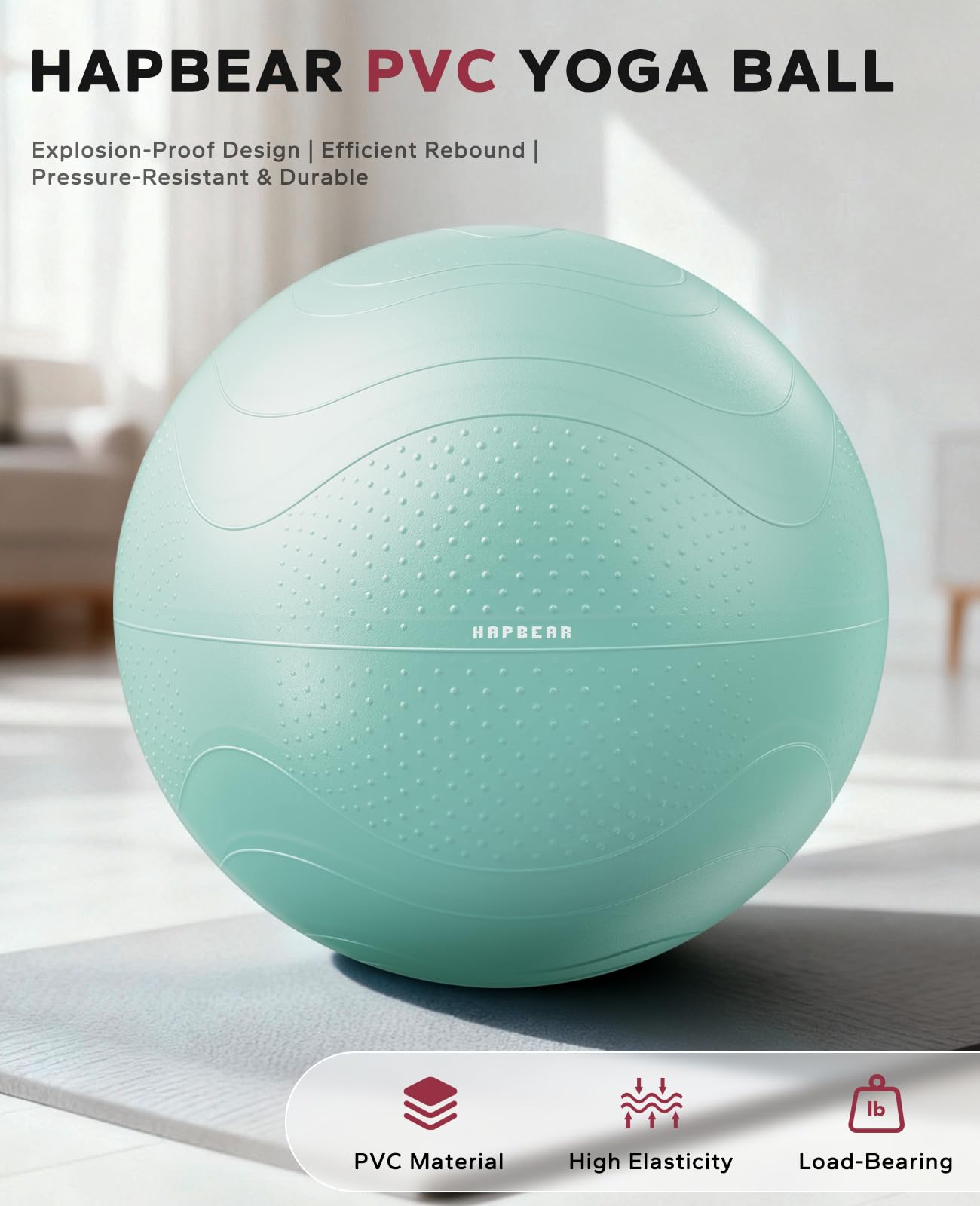 HAPBEAR Exercise Ball (22''/26''/30'') - Anti-Burst Slip-Resistant Yoga/Pilates Ball for Core Training & Posture Improvement, Home Gym/Rehab/Pregnancy Ball, Quick Pump & 3 Resistance Bands Included