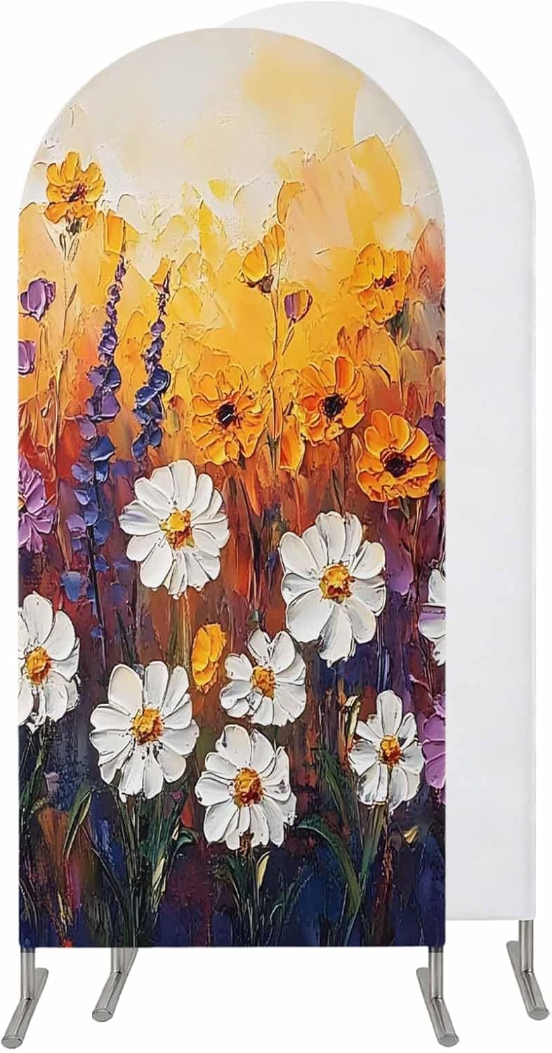 Jnbasdffb 6.6 Orange Purple White Daisy Wedding Arch Cover,Stretchy Spandex Arch Backdrop Stand Covers FT,Oil Painting