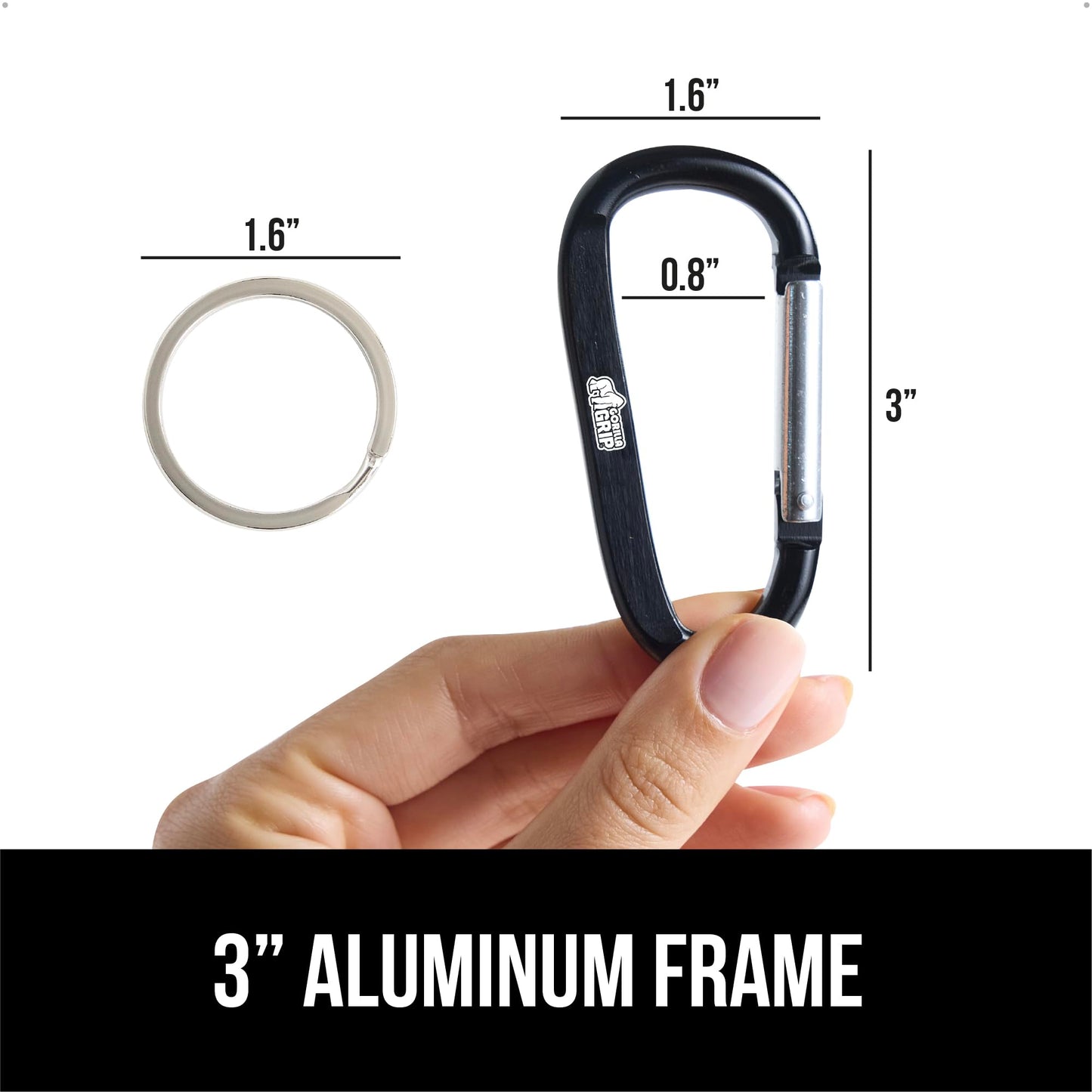 GORILLA GRIP Carabiner Clip, 3" D Ring, Pack of 6 Heavy Duty Aluminum Key Holder Clips Hold 170lbs, Rust, Scratch-Resistant Camping Essentials, Hiking Gear, Tactical Backpacking Keychains, Black