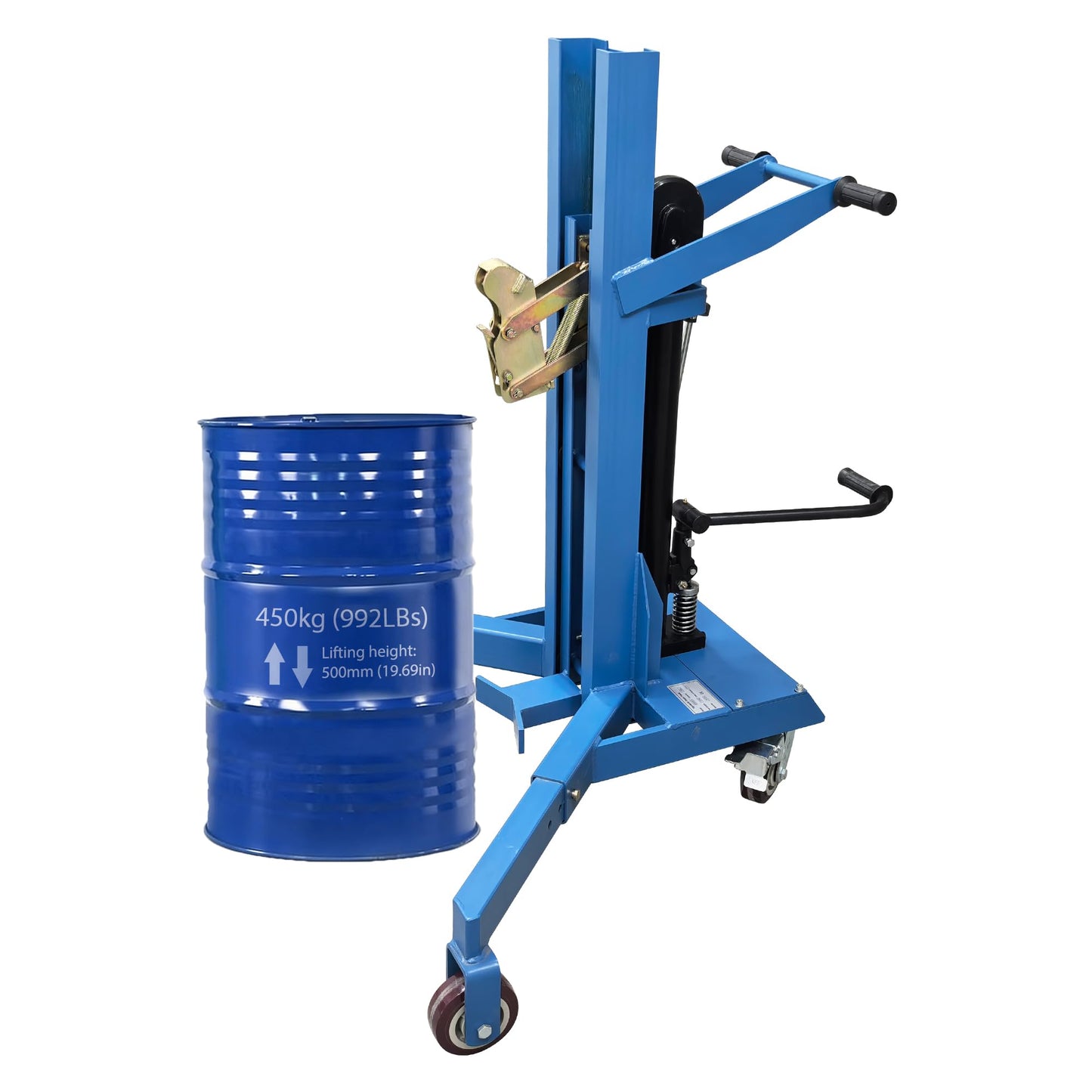 HayWHNKN Manual Hydraulic Drum Handler, Drum Lift Truck with Extendable Legs for 30-55 Gal Steel/Plastic Barrels, 450kg Capacity, 19.69" Lift Height, Easy Clamp Eagle Beak, for Factories & Warehouse