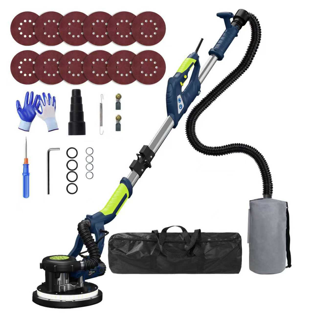 Drywall Sander, 2026 Upgraded 8-Amp Popcorn Ceiling Removal Tool with 7 Variable Speed 800-1800RPM, Drywall Sander with Vacuum Dust Collector with LED Light, Extendable Handle,12pcs Sanding Discs,Blue